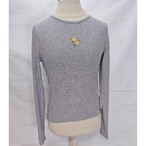 Hollister Preppy Gray w/ Yellow Flowers Ribbed Baby Tee Long Sleeve Super Soft